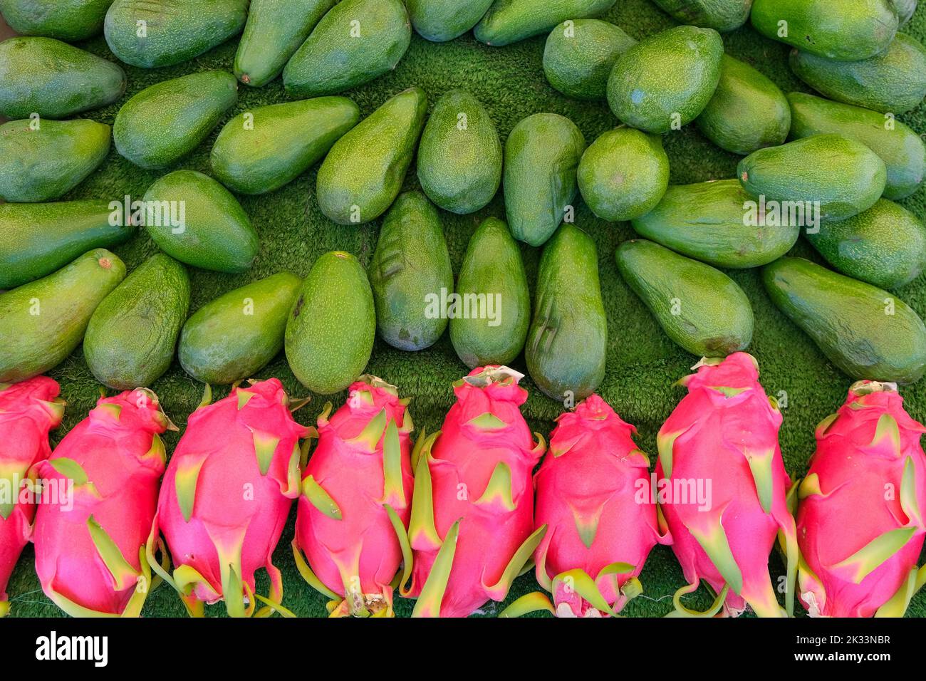 Pile of pitaya or dragon fruit, Big Bunch of Pink Dragon Fruits and green organic avocado in the market, in traditional Market, Copy space. Stock Photo