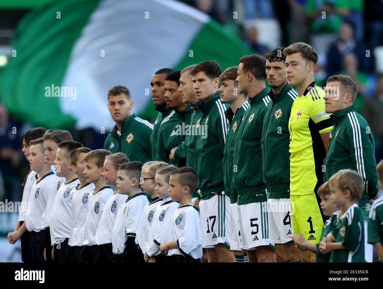 Northern Ireland's players during the national anthem before the UEFA Nations League Group J Match at Windsor Park, Belfast. Picture date: Saturday September 24, 2022. Stock Photo