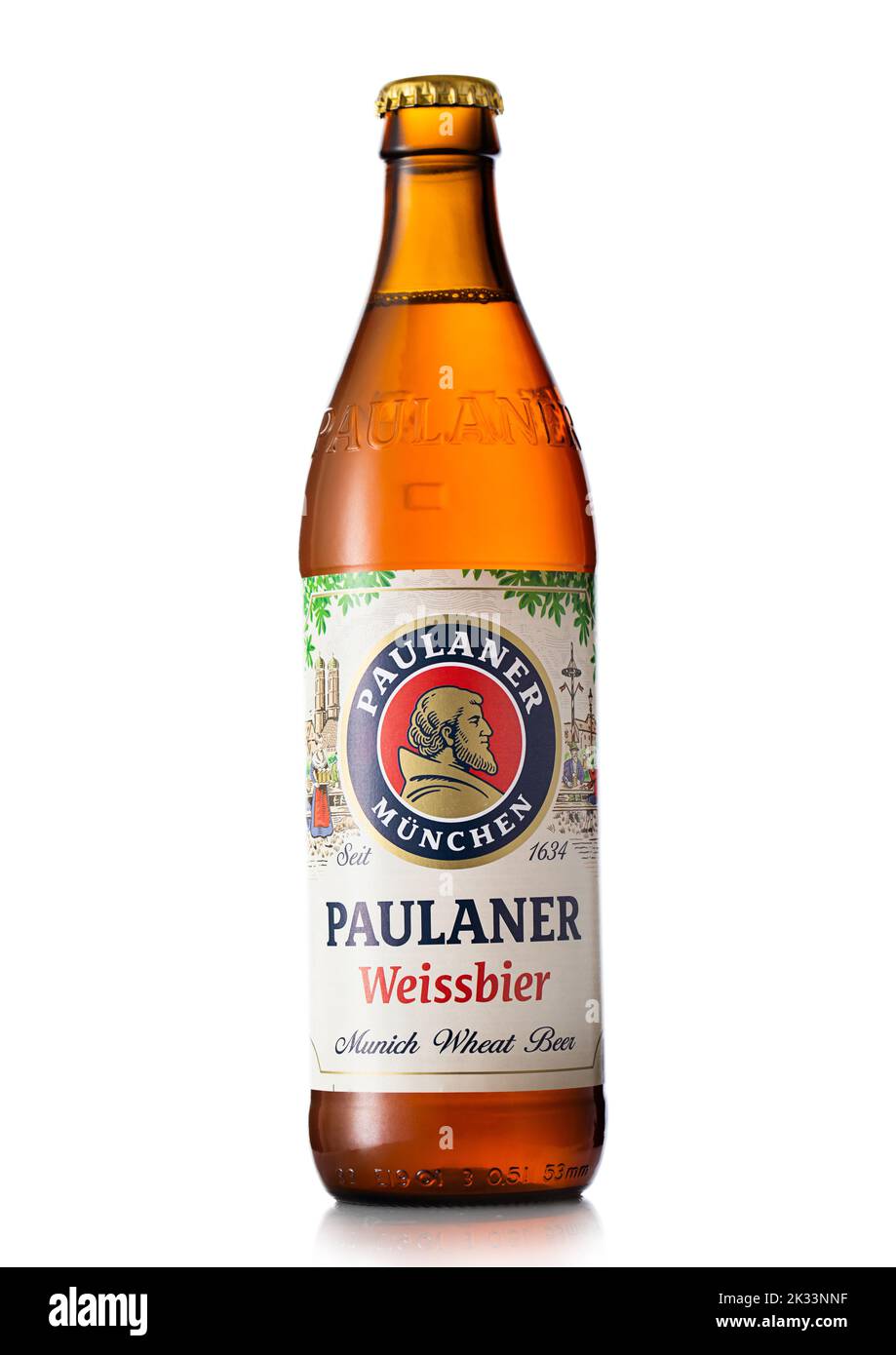 LONDON, UK - JULY 06, 2022: Bottle of Paulaner german wheat beer on white. Stock Photo