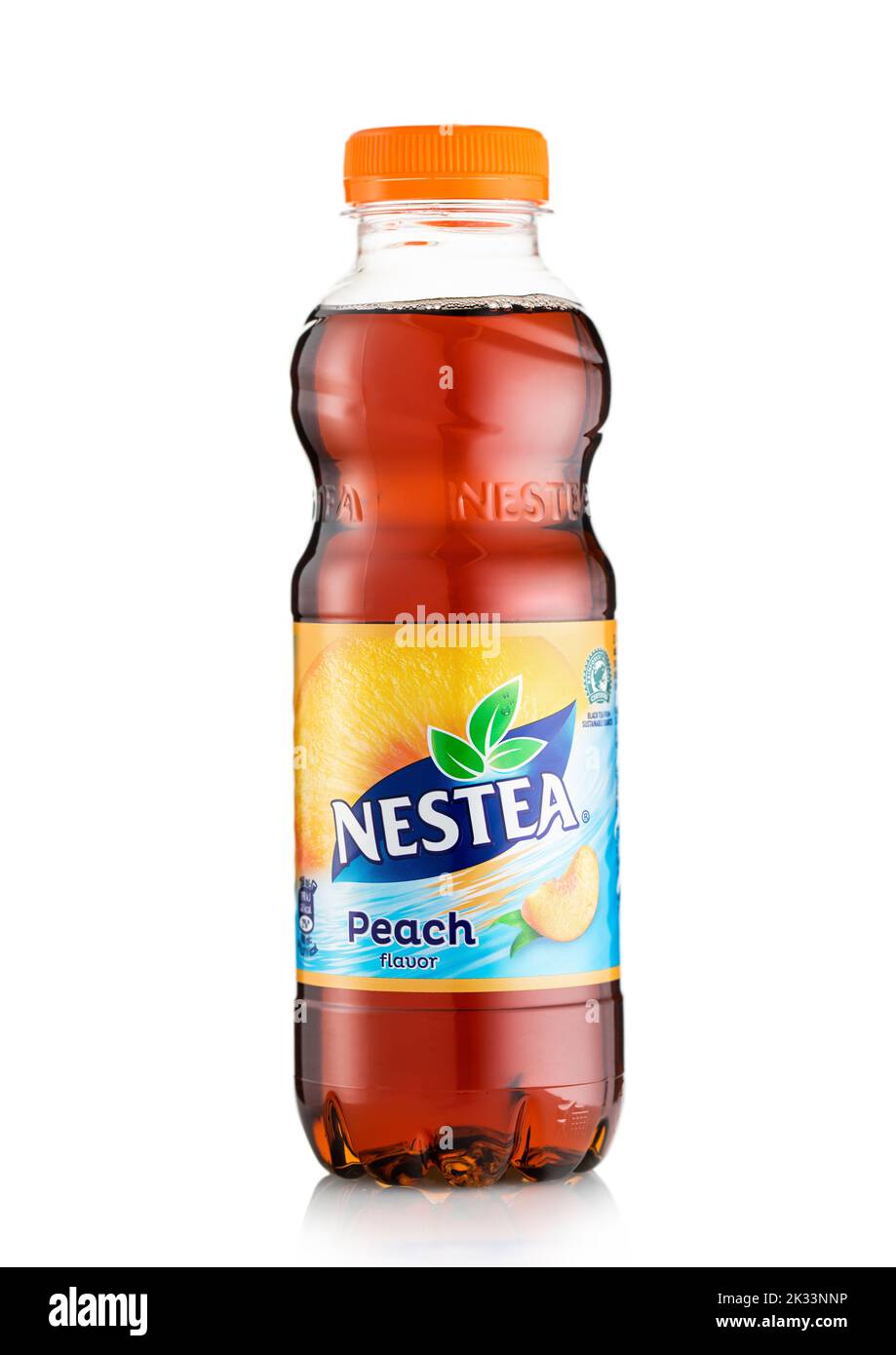 LONDON,UK - APRIL 26, 2022: Nestea Iced Tea drink with peach on white. Stock Photo