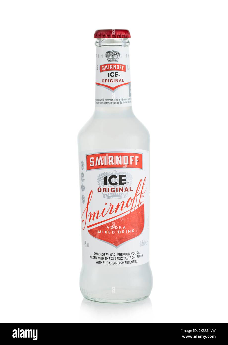 LONDON,UK - MAY 12, 2022: Smirnoff Ice original mixed vodka drink on white. Stock Photo