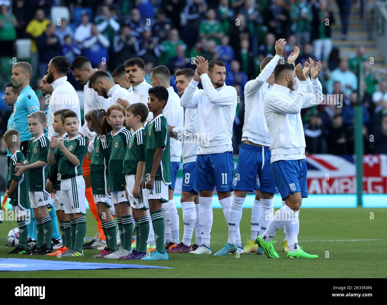 Kosovo's players applaud their fans after the national anthem before the UEFA Nations League Group J Match at Windsor Park, Belfast. Picture date: Saturday September 24, 2022. Stock Photo
