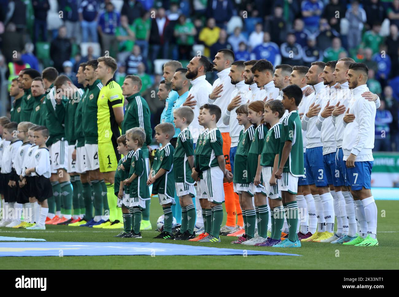 The teams line up during the Kosovo national anthem before the UEFA Nations League Group J Match at Windsor Park, Belfast. Picture date: Saturday September 24, 2022. Stock Photo