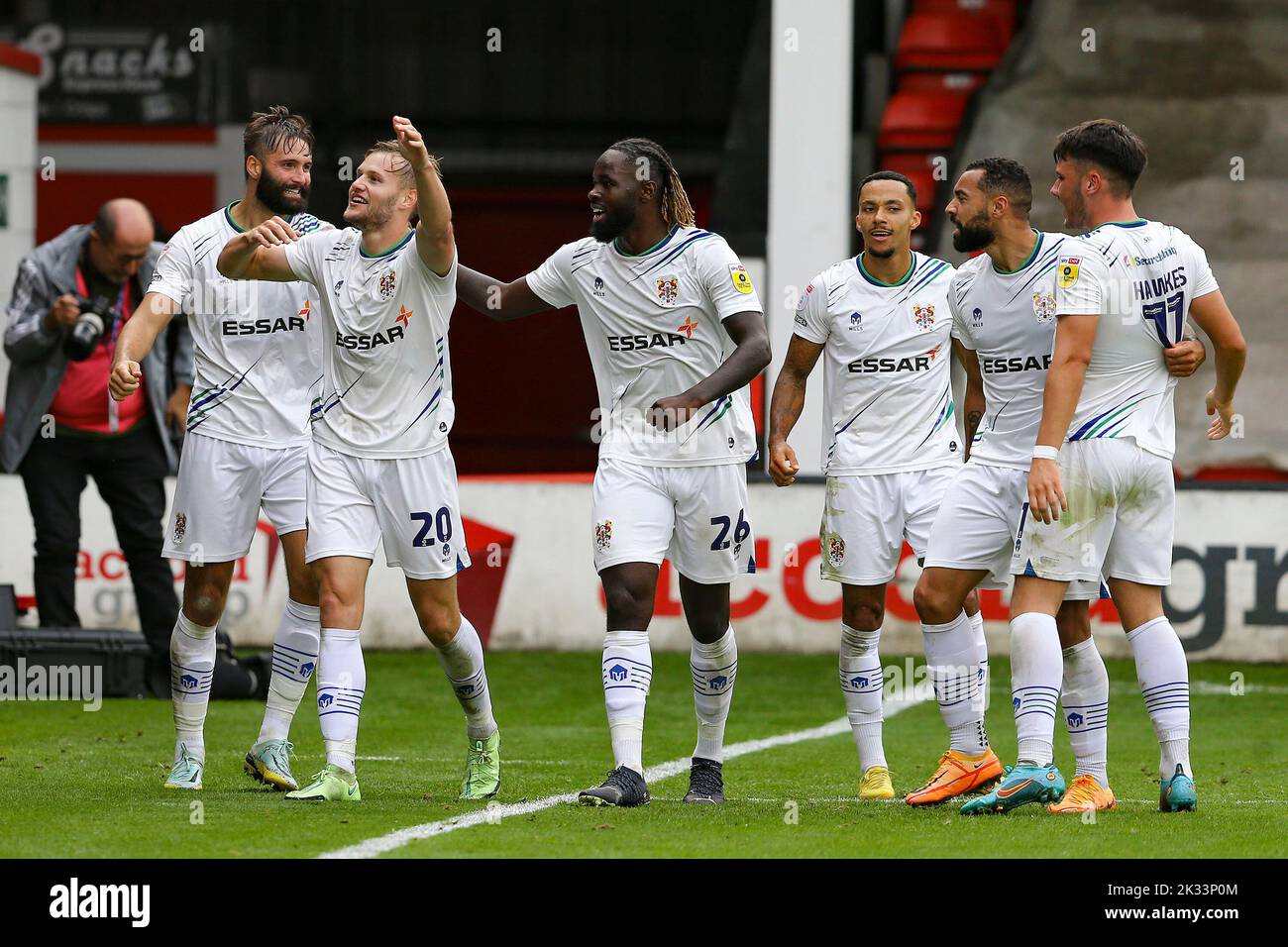 Elliott Nevitt of Tranmere Rovers (2nd from left) celebrates with his teammates after scoring his teams 1st goal. EFL Skybet Football league two match, Walsall v Tranmere Rovers at the Poundland Bescot Stadium in Walsall, West Midlands on Saturday 24th September 2022. this image may only be used for Editorial purposes. Editorial use only, license required for commercial use. No use in betting, games or a single club/league/player publications.pic by Chris Stading/Andrew Orchard sports photography/Alamy Live News Stock Photo