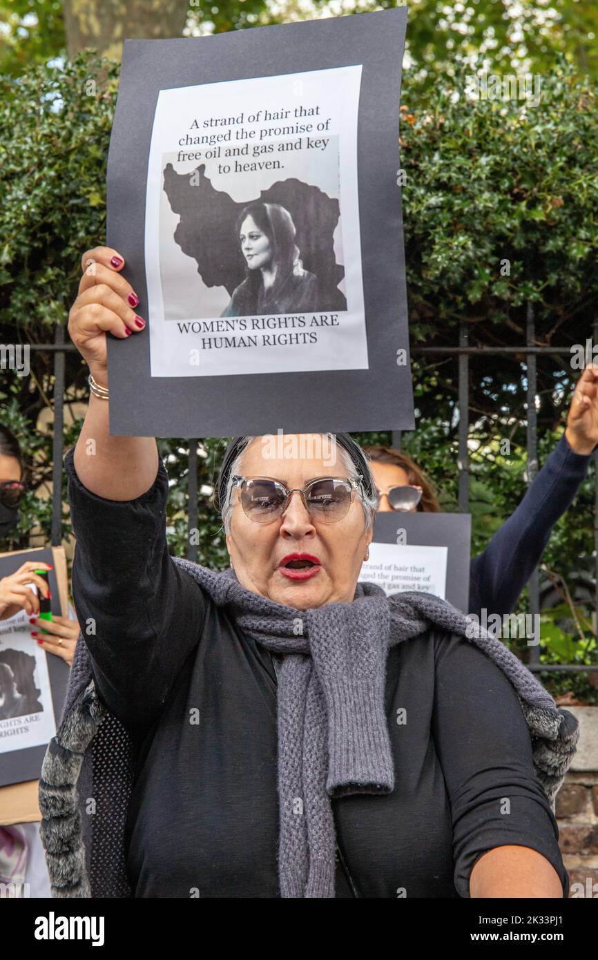 London, England, UK 24/09/2022 Protests continue outside the Iranian Embassy following the death of Mahsa Amini in Iran just over a week ago. Women played a major role in the demonstration calling for democracy and freedom. Stock Photo