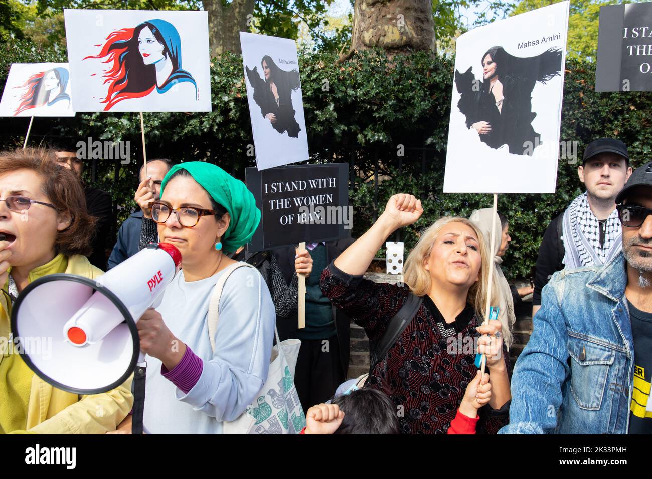 London, England, UK 24/09/2022 Protests continue outside the Iranian Embassy following the death of Mahsa Amini in Iran just over a week ago. Women played a major role in the demonstration calling for democracy and freedom. Stock Photo