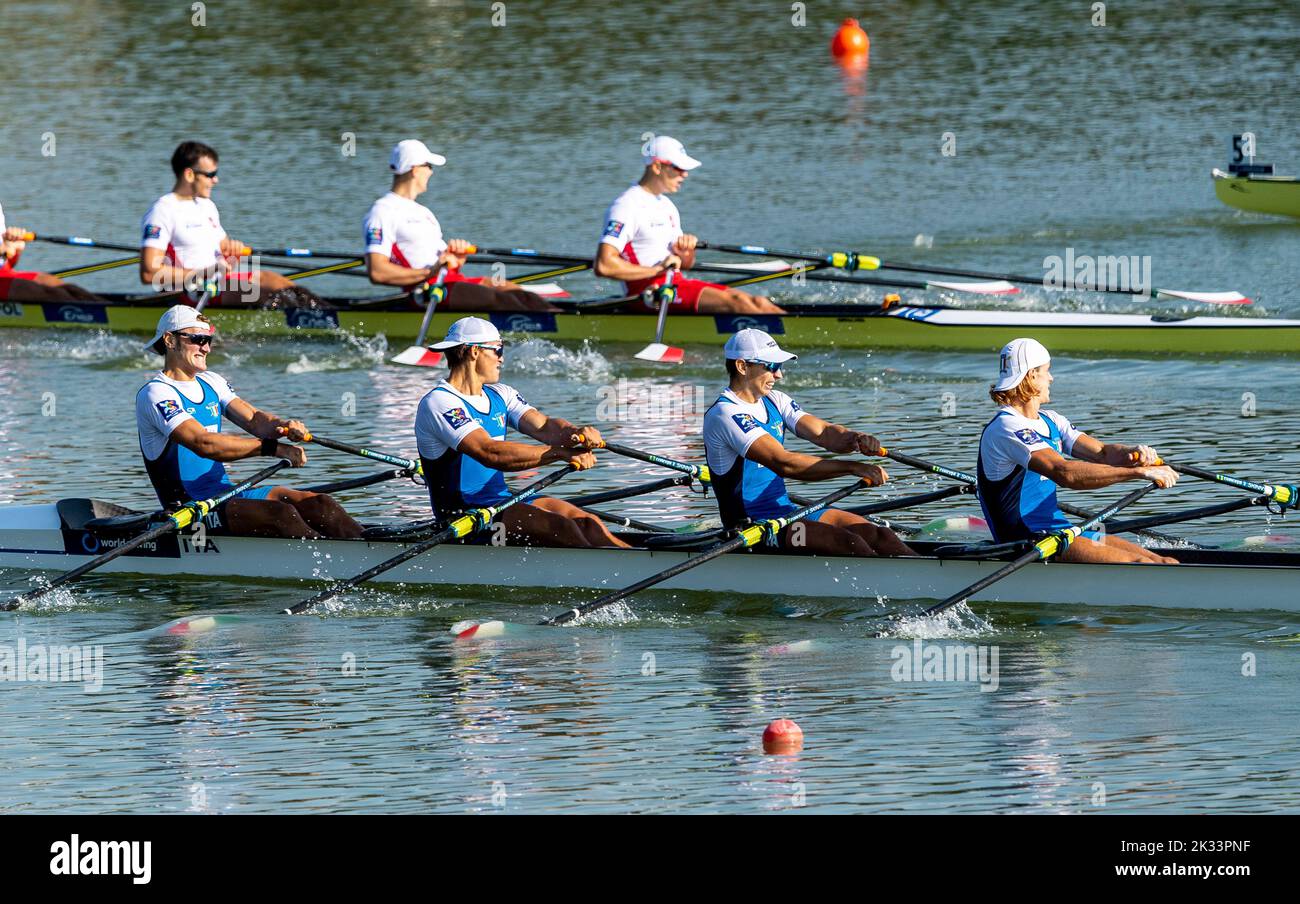 Racice, Czech Republic. 24th Sep, 2022. Nicolo Carucci, Andrea Panizza, Luca Chiumento, Giacomo Gentili of Italy compete in the Men's Quadruple Sculls Final during Day 7 of the 2022 World Rowing Championships at the Labe Arena Racice on September 24, 2022 in Racice, Czech Republic. Credit: Ondrej Hajek/CTK Photo/Alamy Live News Stock Photo