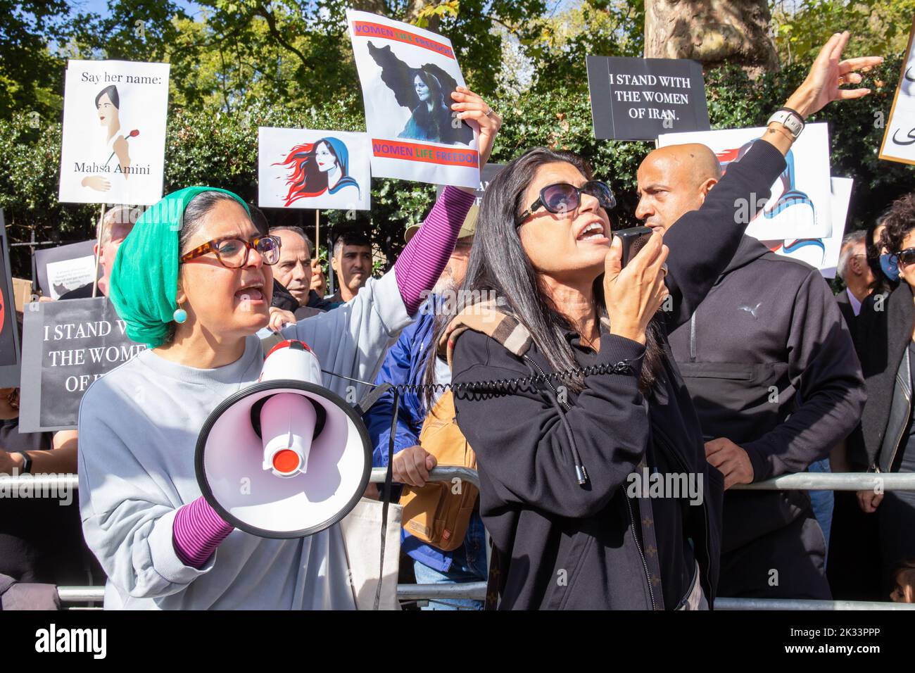 London, England, UK 24/09/2022 Protests continue outside the Iranian Embassy following the death of Mahsa Amini in Iran just over a week ago. Women played a major role in the demonstration calling for democracy and freedom. Stock Photo