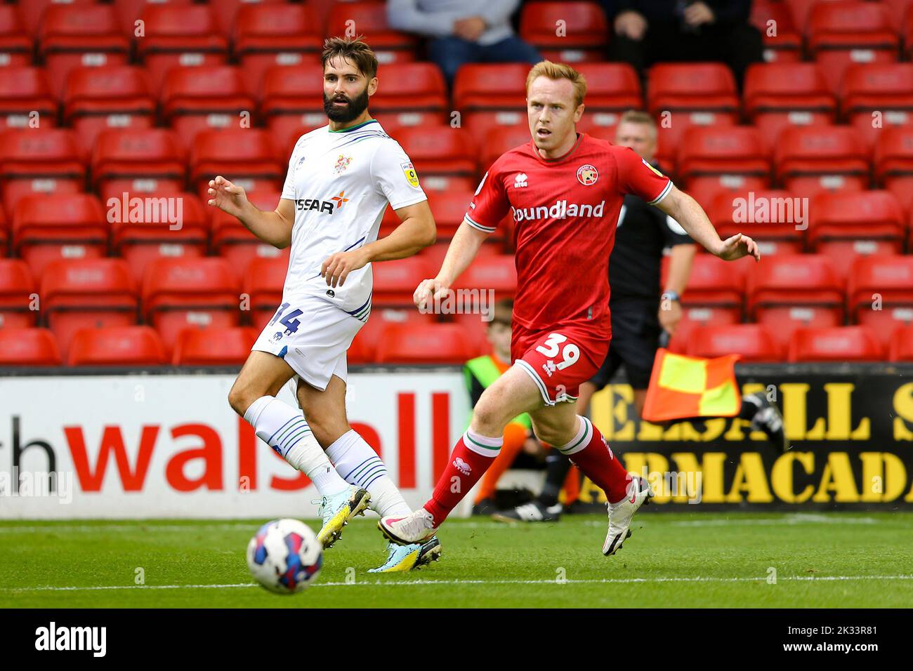 Walsall, UK. 24th Sep, 2022. Jordan Turnbull of Tranmere Rovers (l) and Danny Johnson of Walsall in action. EFL Skybet Football league two match, Walsall v Tranmere Rovers at the Poundland Bescot Stadium in Walsall, West Midlands on Saturday 24th September 2022. this image may only be used for Editorial purposes. Editorial use only, license required for commercial use. No use in betting, games or a single club/league/player publications.pic by Chris Stading/Andrew Orchard sports photography/Alamy Live News Credit: Andrew Orchard sports photography/Alamy Live News Stock Photo