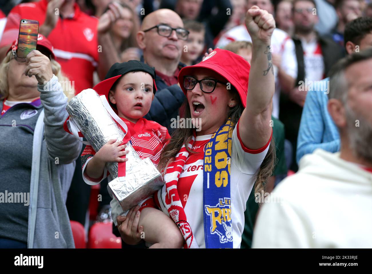 St Helens fans hold a homemade trophy before the Betfred Super League Grand Final at Old Trafford, Manchester. Picture date: Saturday September 24, 2022. Stock Photo