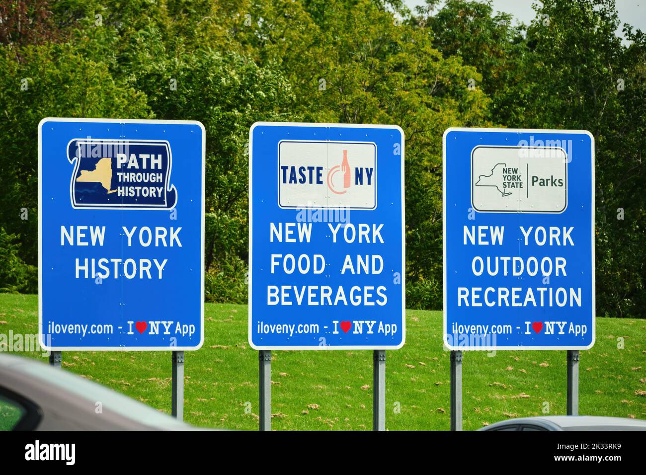 Victor, New York, USA - September 18, 2022: Signs at the Seneca Travel Plaza rest stop along the NY State Thruway promote tourist attractions and the Stock Photo