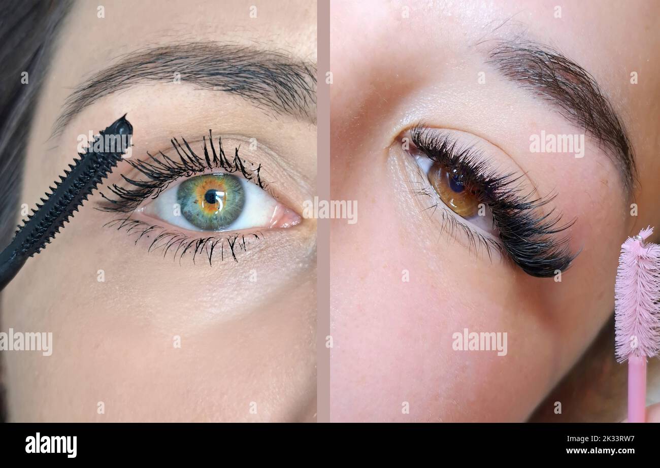 Close up of woman's eye mascara against lash extensions  Stock Photo