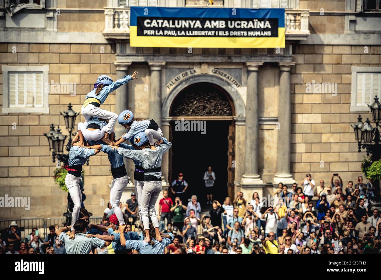 Barcelona, Spain. 24th Sep, 2022. The 'Castellers de Poble Sec' build a human tower during the 'Diada Castellera' at Barcelona's city festival 'La Merce' Credit: Matthias Oesterle/Alamy Live News Stock Photo