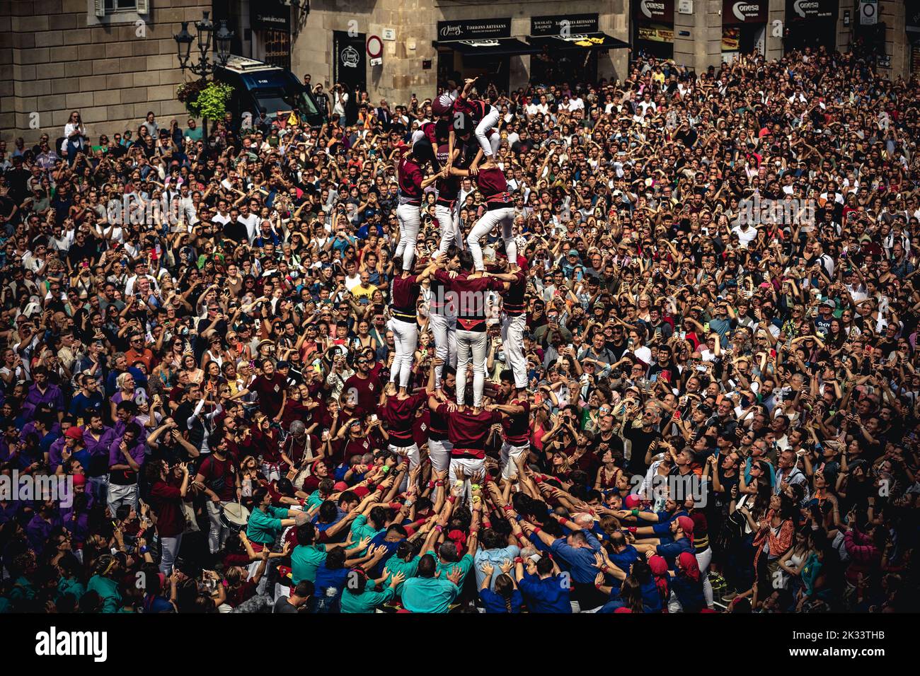 Barcelona, Spain. 24th Sep, 2022. The 'Castellers de Sarria' build a human tower during the 'Diada Castellera' at Barcelona's city festival 'La Merce' Credit: Matthias Oesterle/Alamy Live News Stock Photo