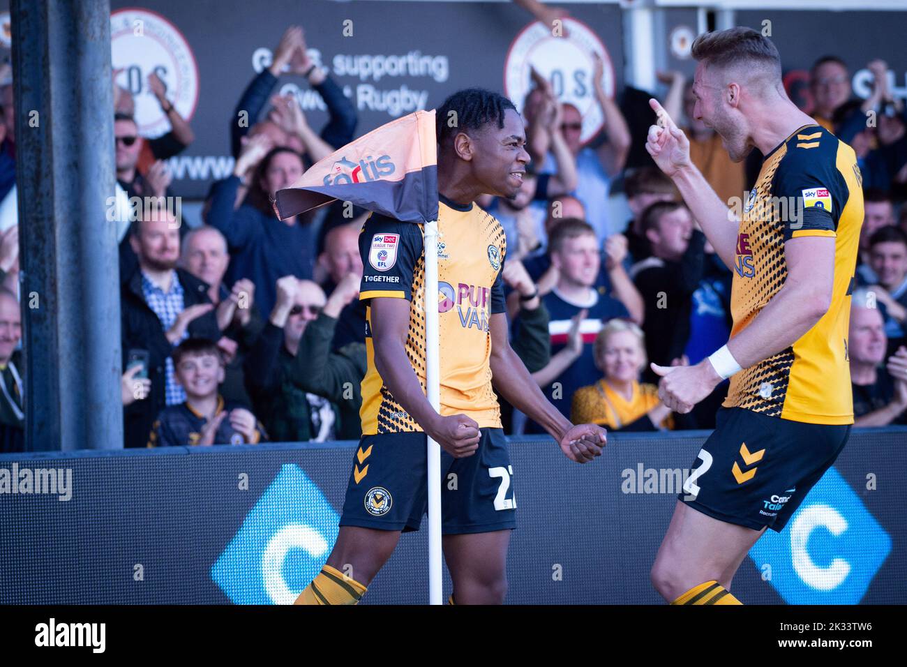 Newport, UK. 24th Sep, 2022. Nathan Moriah-Welsh of Newport County (L) celebrates after he scores his teams 1st goal. EFL football league two match, Newport county v Carlisle Utd at Rodney Parade in Newport, Wales on Saturday 24th September 2022. this image may only be used for Editorial purposes. Editorial use only, license required for commercial use. pic by Credit: Andrew Orchard sports photography/Alamy Live News Stock Photo