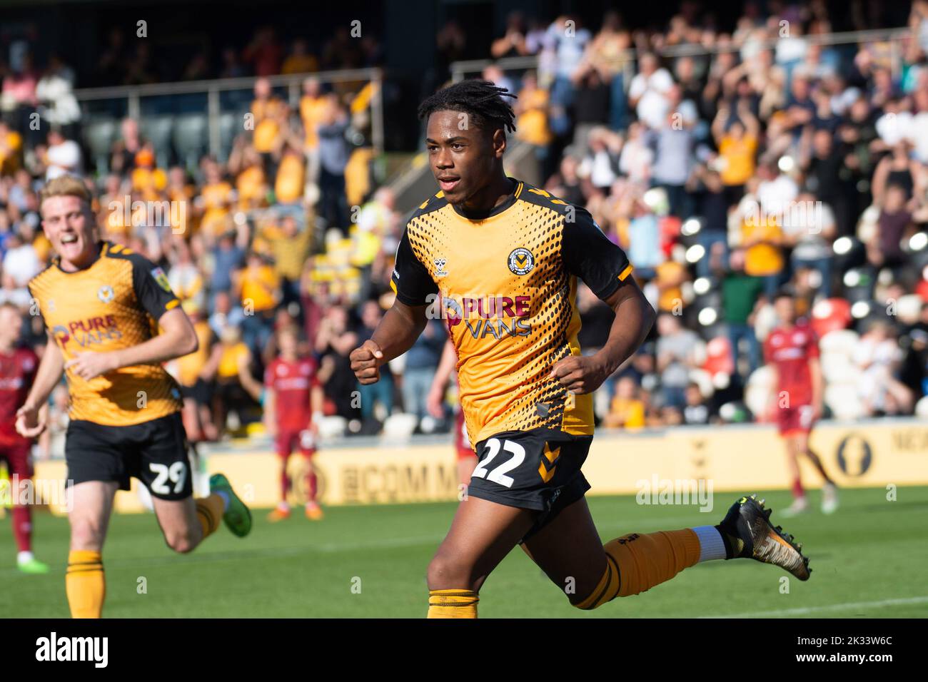 Newport, UK. 24th Sep, 2022. Nathan Moriah-Welsh of Newport County celebrates after he scores his teams 1st goal. EFL football league two match, Newport county v Carlisle Utd at Rodney Parade in Newport, Wales on Saturday 24th September 2022. this image may only be used for Editorial purposes. Editorial use only, license required for commercial use. pic by Credit: Andrew Orchard sports photography/Alamy Live News Stock Photo