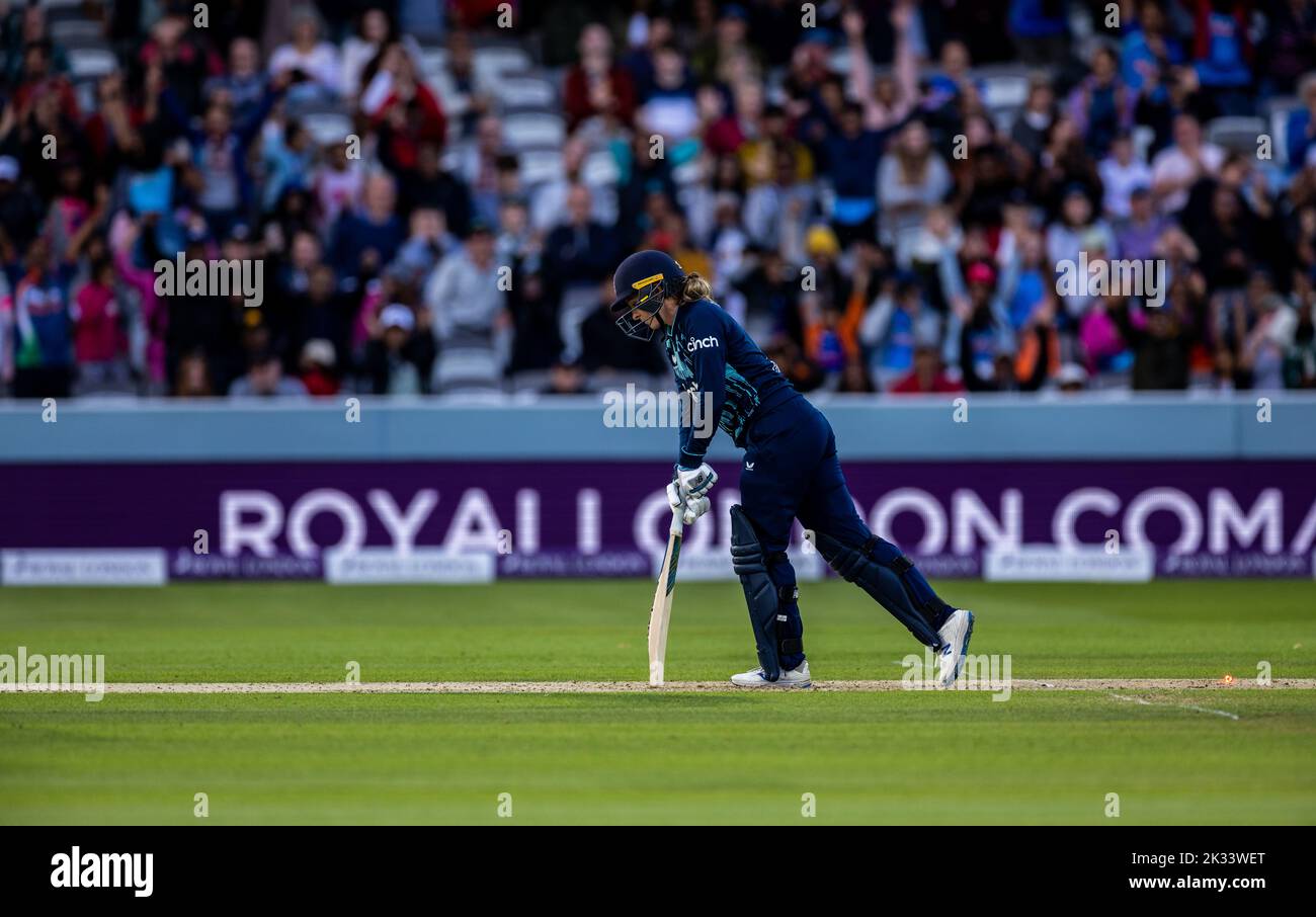 England’s Kate Cross after being bowled by India’s Rajeshwari Gayakwad (not in picture) during the third women's one day international match at Lord's, London. Picture date: Saturday September 24, 2022. Stock Photo