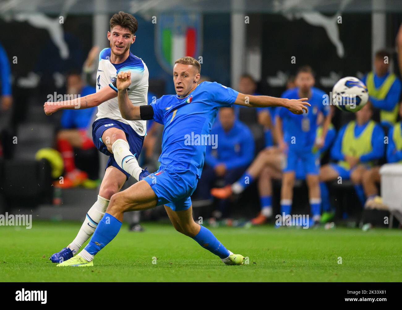 23 Sep 2022 - Italy v England - UEFA Nations League - Group 3 - San Siro  England's Declan Rice fires in a shot during the UEFA Nations League match against Italy. Picture : Mark Pain / Alamy Live News Stock Photo
