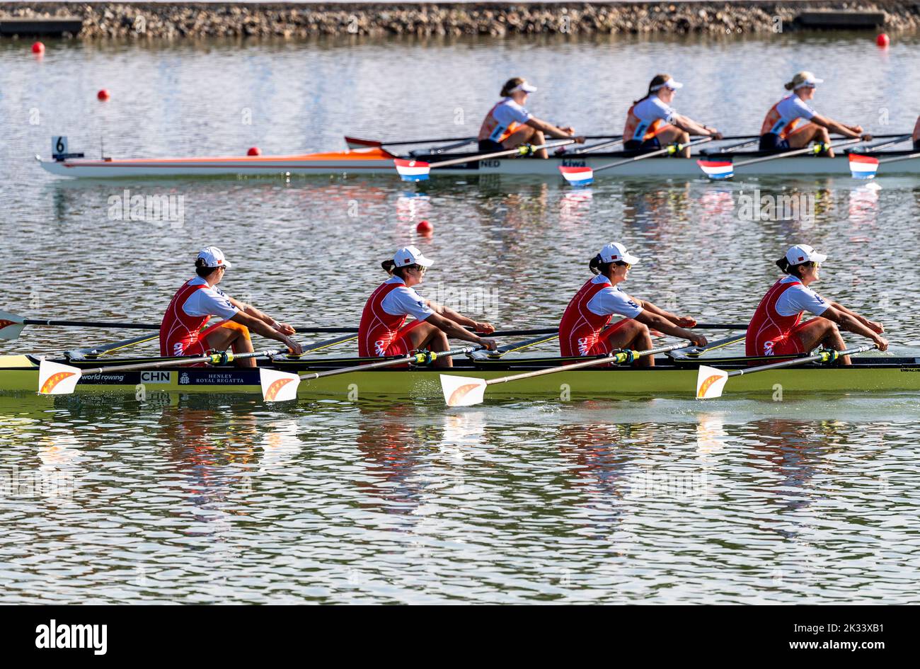 Racice, Czech Republic. 24th Sep, 2022. Yunxia Chen, Ling Zhang, Yang Lyus, Xiaotong Cui of China compete in the Women's Quadruple Sculls Final A during Day 7 of the 2022 World Rowing Championships at the Labe Arena Racice on September 24, 2022 in Racice, Czech Republic. Credit: Ondrej Hajek/CTK Photo/Alamy Live News Stock Photo