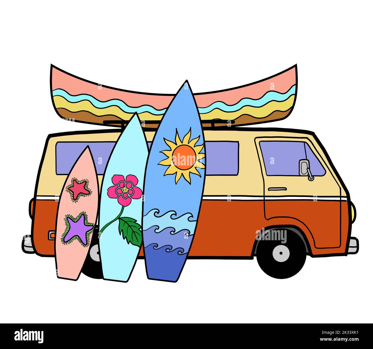 A camper van car vehicle with a group of surfboard and a cayak boat. Van life vacation outdoors in summer season concept. Stock Photo