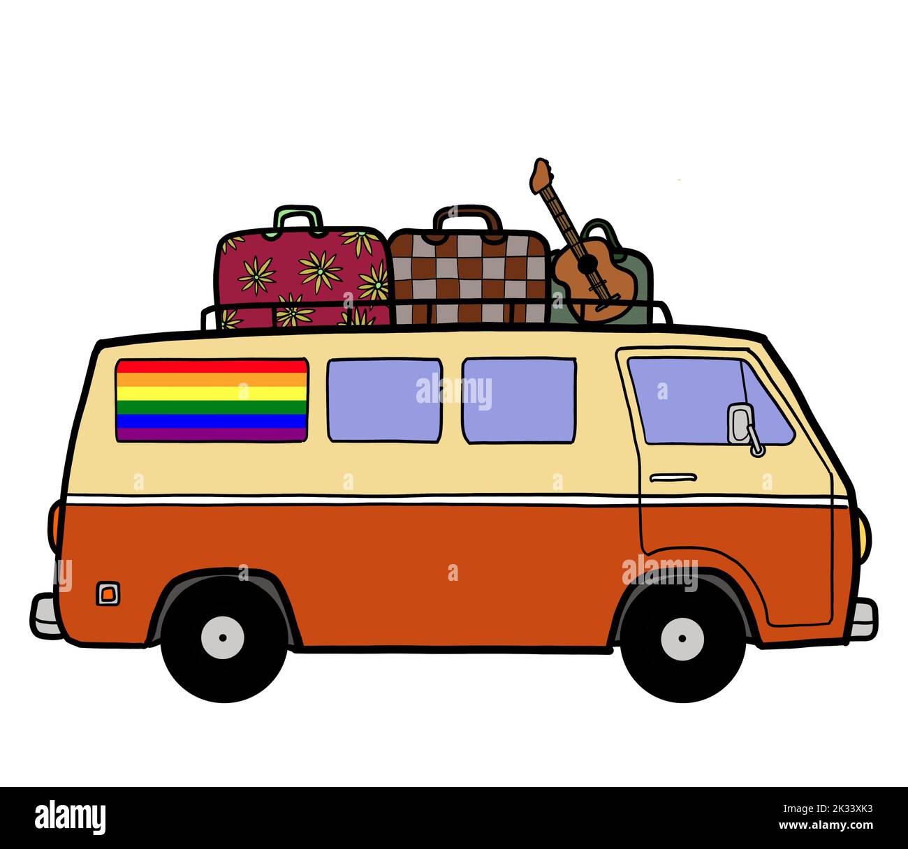 A camper van with travel suitcase luggage and the guitar on the top with a gay pride rainbow lgbtq flag. Van life road trip in summer vacation concept Stock Photo