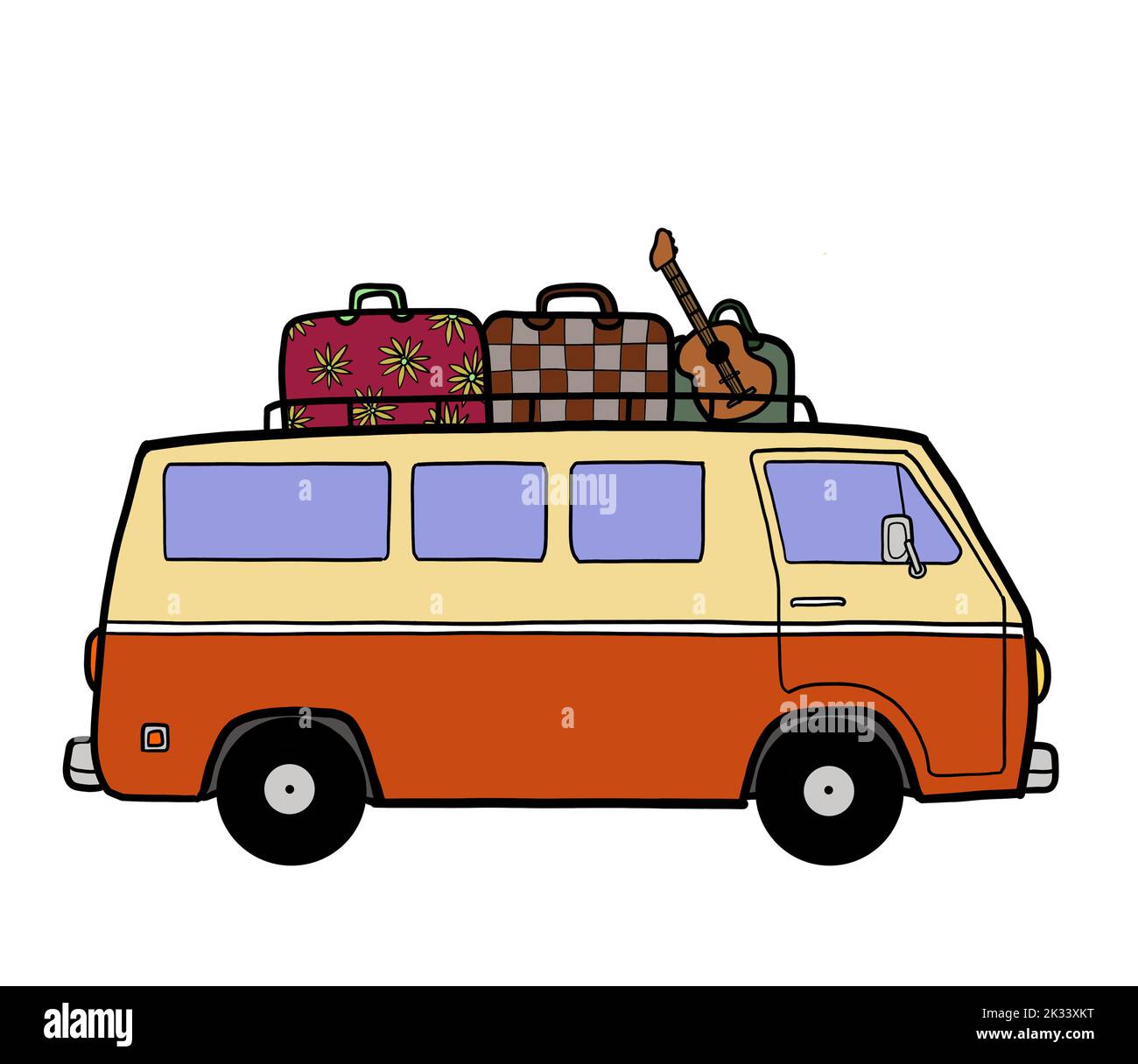 A camper van with travel suitcase luggage and the guitar on the top. Van life road trip in summer vacation concept. Stock Photo