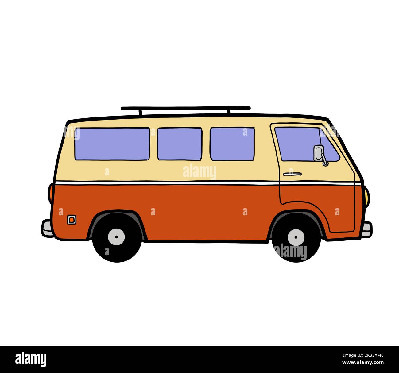 A red color camper van car vehicle or motorhome. Hand drawing, isolated on white background. Van life road trip freedom lifestyle. Stock Photo