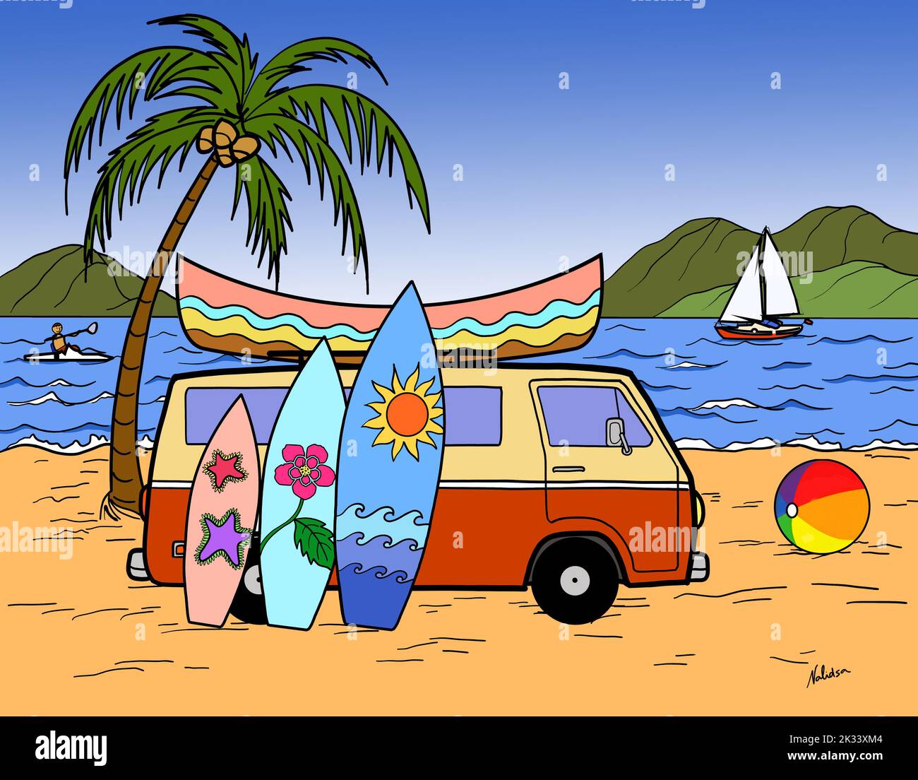 A camper van vehicle with a group of surfboard, a kayak boat and a gay rainbow beach ball on a tropical beach island. Van life, surfing outdoors vacat Stock Photo