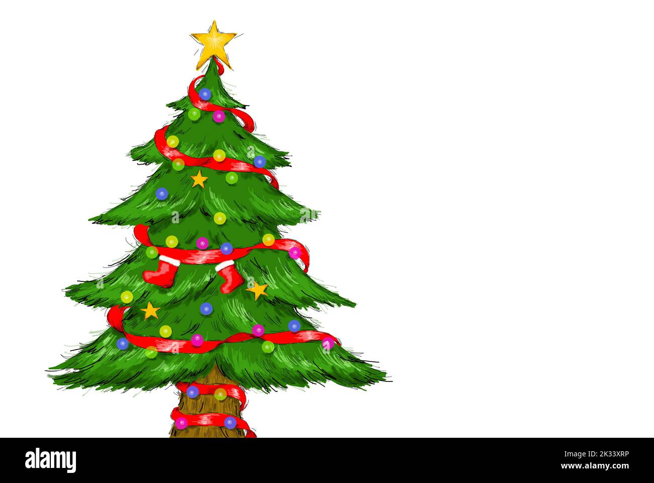 One Decorated Green Christmas Tree Isolated on White Background. Stock Photo
