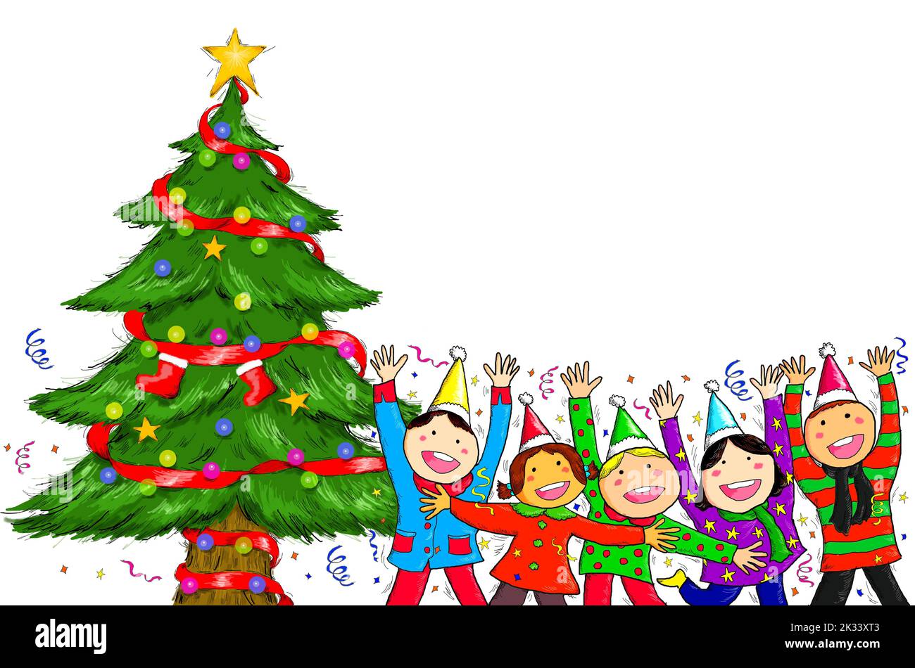 Group of Children Celebrating Merry Christmas and Happy New Year. Stock Photo