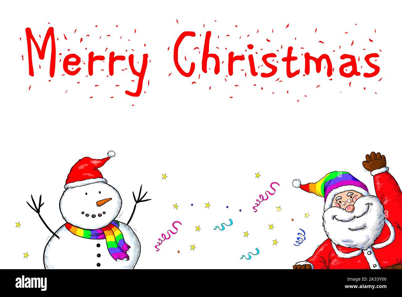 Gay Pride Santa Claus and Snowman Celebrate Merry Christmas Isolated On White Background. Stock Photo