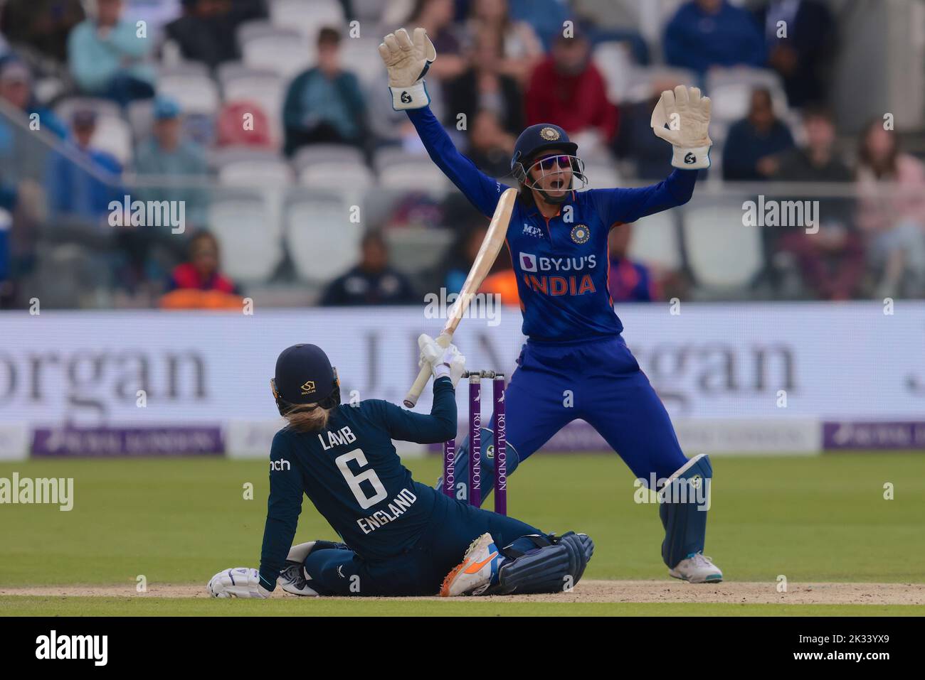 24 September , 2022, London, UK. England’s Emma Lamb batting as England women take on India in the 3rd Royal London One Day International at Lords. David Rowe/Alamy Live News. Stock Photo