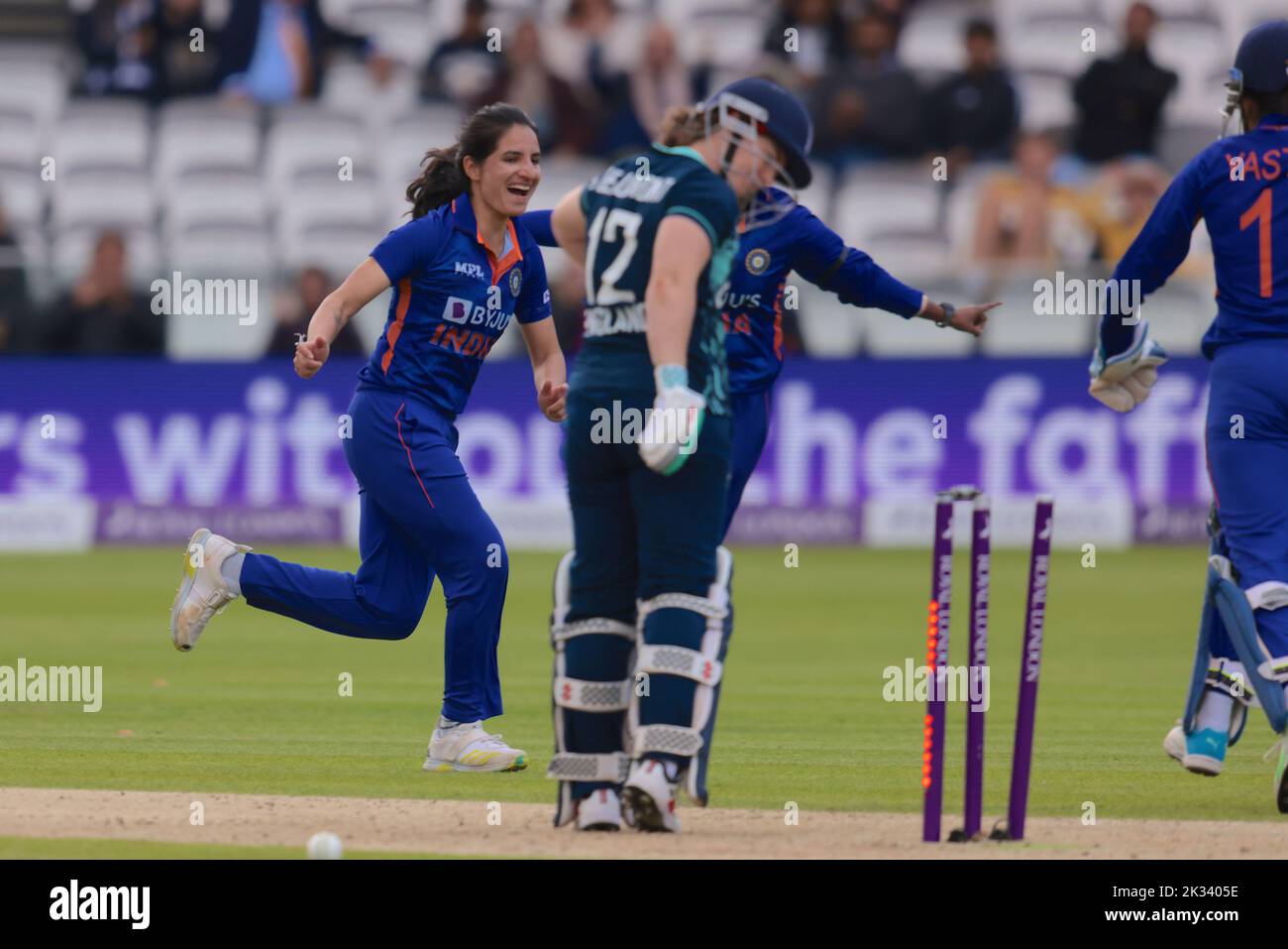 24 September , 2022, London, UK. England’s Tammy Beaumont bowled by Renuka Singh Thakur as England women take on India in the 3rd Royal London One Day International at Lords. David Rowe/Alamy Live News. Stock Photo