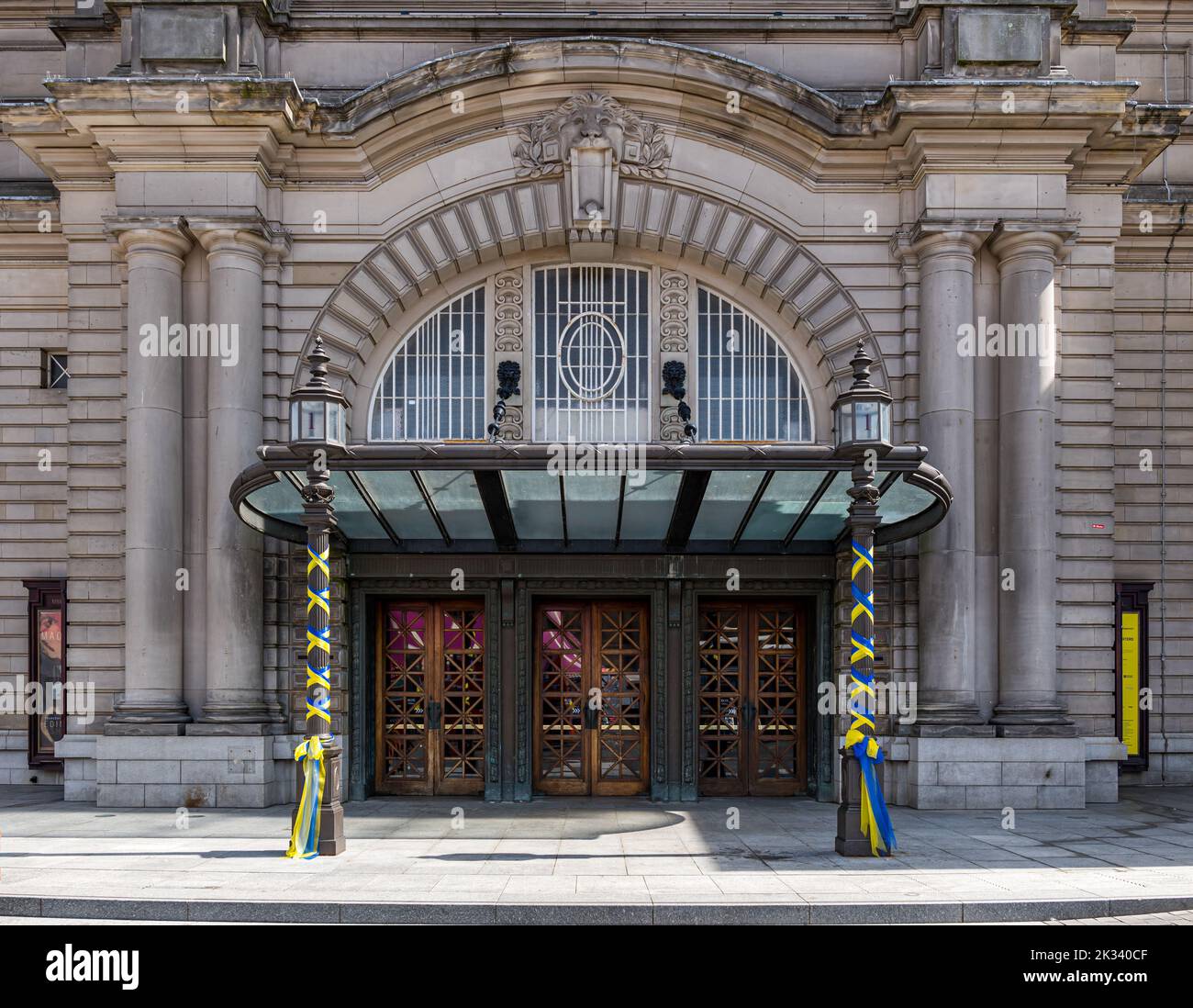 Grand front entrance of Usher Hall with Ukrainian flag coloured ribbons, Edinburgh, Scotland, UK Stock Photo