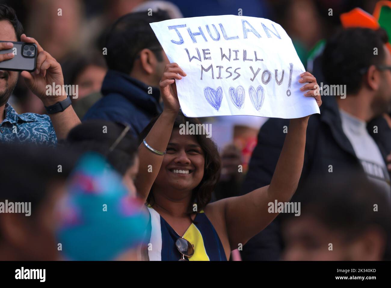 24 September , 2022, London, UK. Jhulan we will miss you. A sign in the crowd as England women take on India in the 3rd Royal London One Day International at Lords. David Rowe/Alamy Live News. Stock Photo