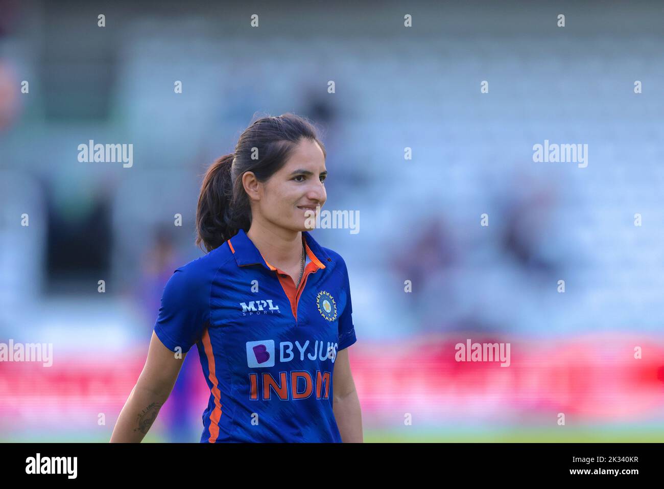 24 September , 2022, London, UK. India’s Renuka Singh Thakur as England women take on India in the 3rd Royal London One Day International at Lords. David Rowe/Alamy Live News. Stock Photo