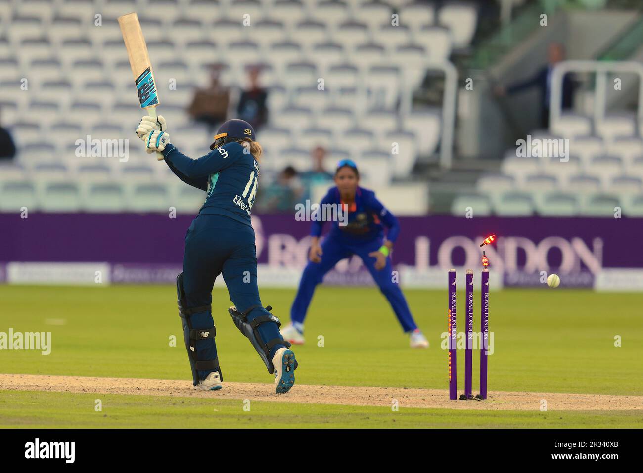 24 September , 2022, London, UK. England’s Kate Cross bowled by Jhulan Goswami as England women take on India in the 3rd Royal London One Day International at Lords. David Rowe/Alamy Live News. Stock Photo