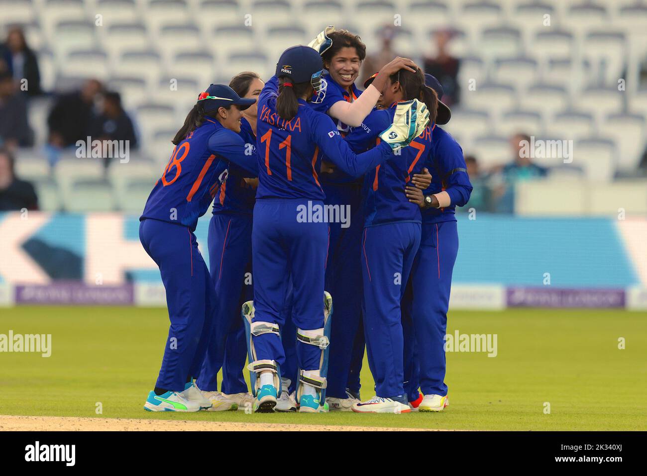 24 September , 2022, London, UK. Celebratiions after India’s Jhulan Goswami bowls Kate Cross as England women take on India in the 3rd Royal London One Day International at Lords. David Rowe/Alamy Live News. Stock Photo