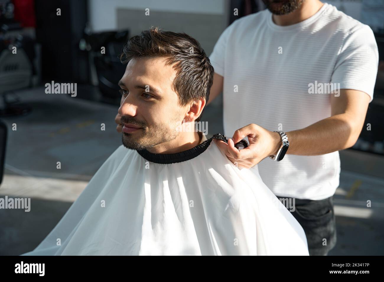 Handsome young man attending a men grooming salon Stock Photo