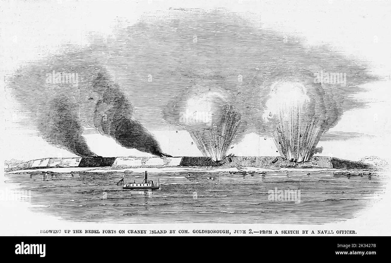 Blowing up Rebel forts on Craney Island, Virginia, by Com. Louis Malesherbes Goldsborough, June 2nd, 1862. 19th century American Civil War illustration from Frank Leslie's Illustrated Newspaper Stock Photo