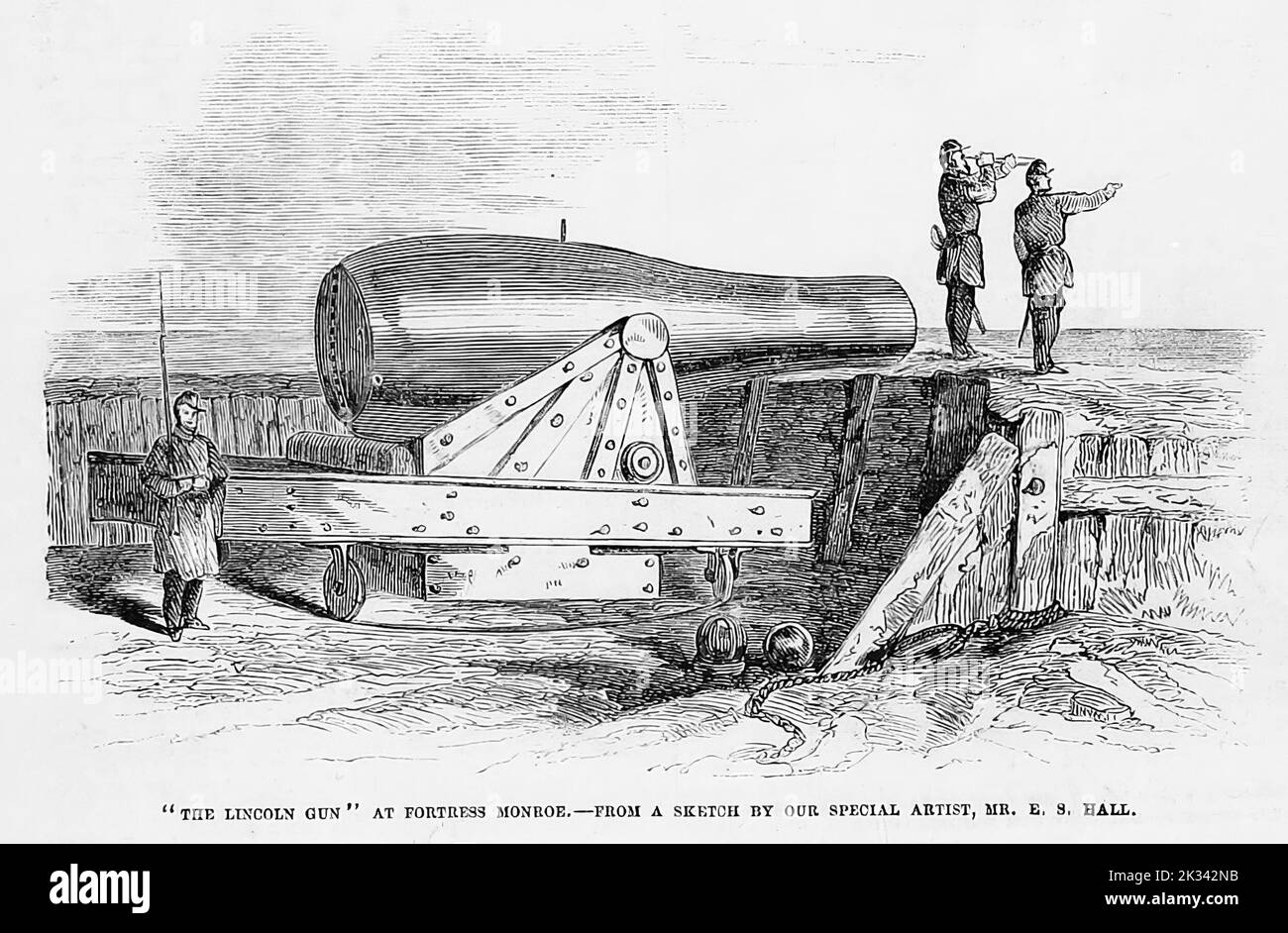 'The Lincoln Gun' at Fort Monroe, Virginia. 1862. 19th century American Civil War illustration from Frank Leslie's Illustrated Newspaper Stock Photo