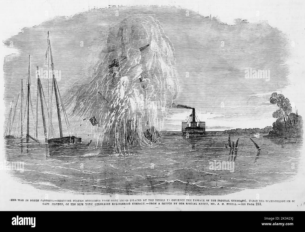 The War in North Carolina - Removing sunken schooners from Core Sound (placed by the Rebels to obstruct the passage of the Federal gunboats), under the superintendence of Captain Hayden, of the New York Submarine Engineering Company. June 1862. 19th century American Civil War illustration from Frank Leslie's Illustrated Newspaper Stock Photo