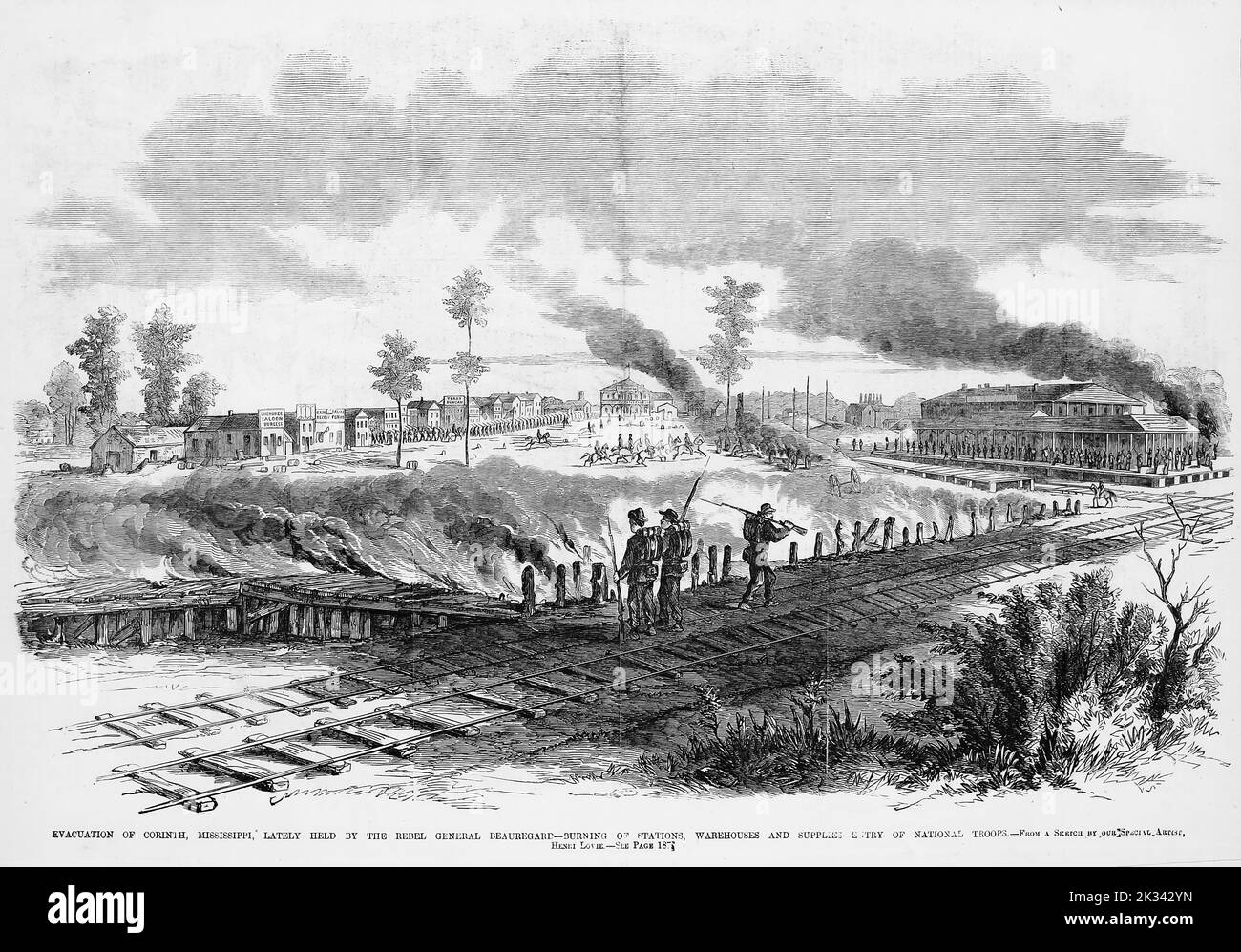 Evacuation of Corinth, Mississippi, lately held by the Rebel General P. G. T. Beauregard - Burning of stations, warehouses and supplies - Entry of National troops. May 1862. Siege of Corinth. 19th century American Civil War illustration from Frank Leslie's Illustrated Newspaper Stock Photo