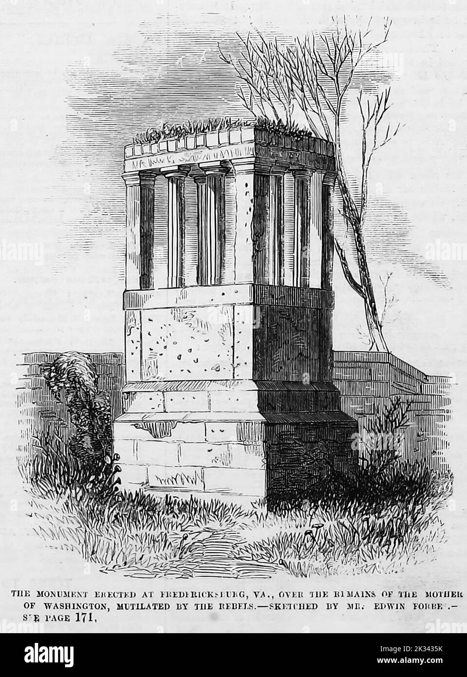 The monument erected at Fredericksburg, Virginia, over the remains of the mother of Washington, mutilated by the Rebels. June 1862. 19th century American Civil War illustration from Frank Leslie's Illustrated Newspaper Stock Photo