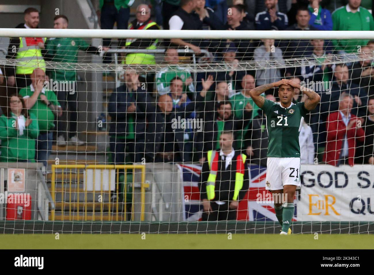 Northern Ireland's Josh Magennis reacts after seeing his header tipped over by Kosovo goalkeeper Arijanet Muric during the UEFA Nations League Group J Match at Windsor Park, Belfast. Picture date: Saturday September 24, 2022. Stock Photo