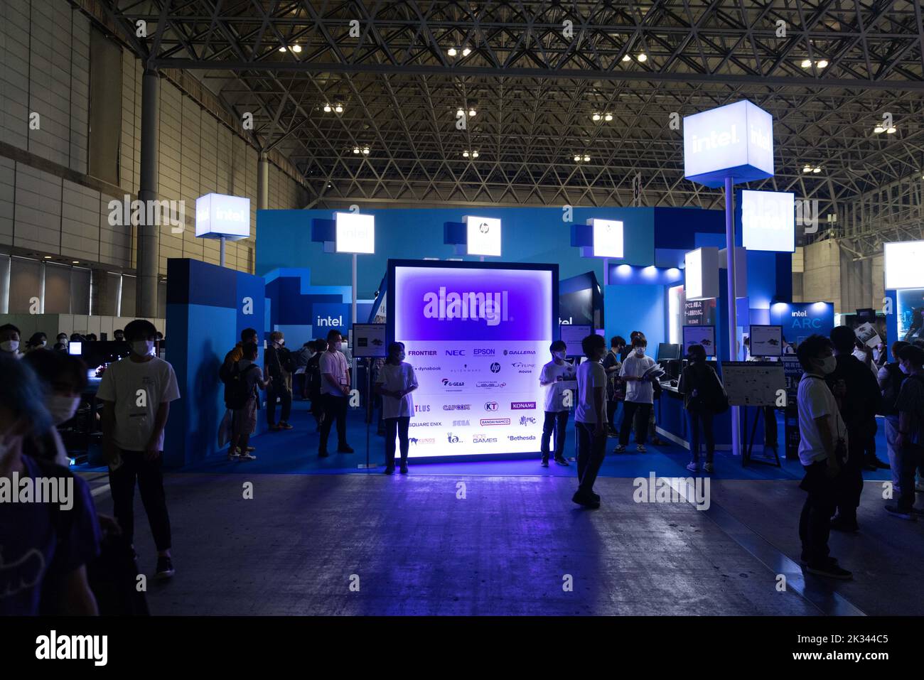Intel (semiconductor manufacturing company) exhibition booth at Tokyo Game Show 2022. After a two years break forced by the Covid-19 pandemic, the Tokyo Game Show returned to Makuhari Messe in Chiba, Japan. Stock Photo