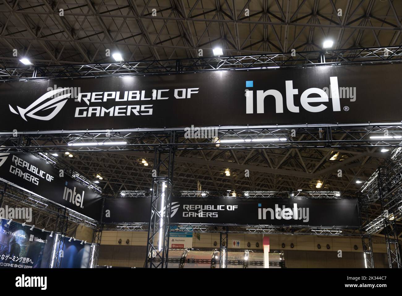 Intel (semiconductor manufacturing company) exhibition booth seen at Tokyo Game Show 2022. After a two years break forced by the Covid-19 pandemic, the Tokyo Game Show returned to Makuhari Messe in Chiba, Japan. Stock Photo