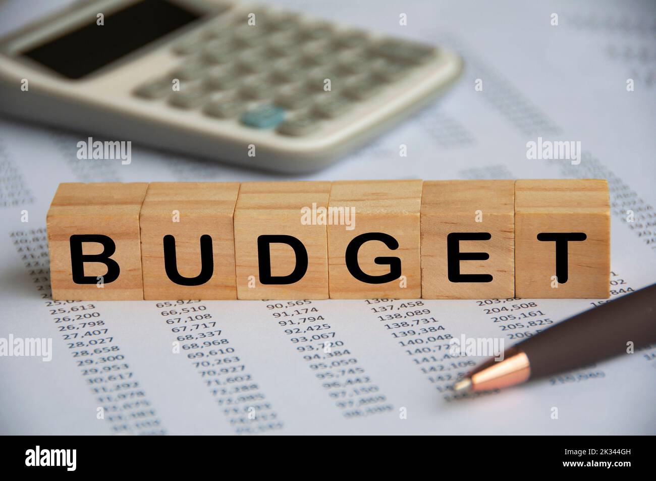 Budget 2023 text on wooden blocks with data analysis and office concept