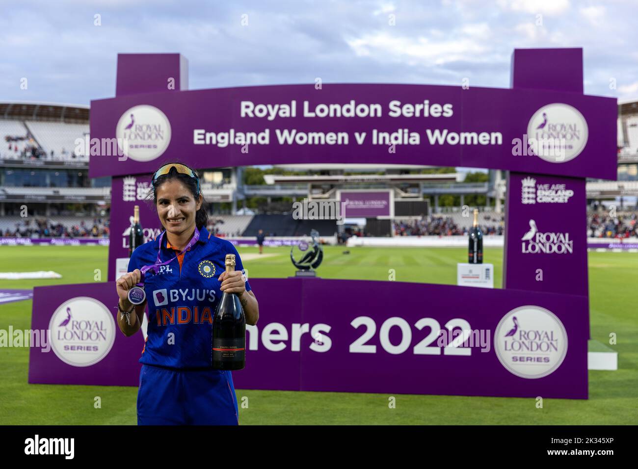 India’s Renuka Thakur with her player of the match champagne after winning the series during the third women's one day international match at Lord's, London. Picture date: Saturday September 24, 2022. Stock Photo