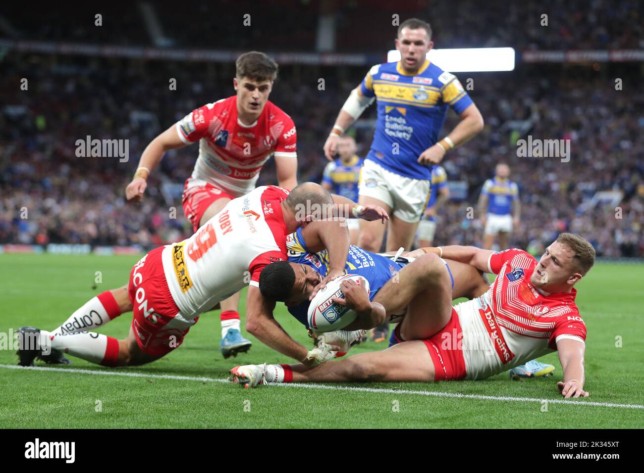 Leeds Rhinos' Kruise Leeming scores his side's first try of the game during the Betfred Super League Grand Final at Old Trafford, Manchester. Picture date: Saturday September 24, 2022. Stock Photo